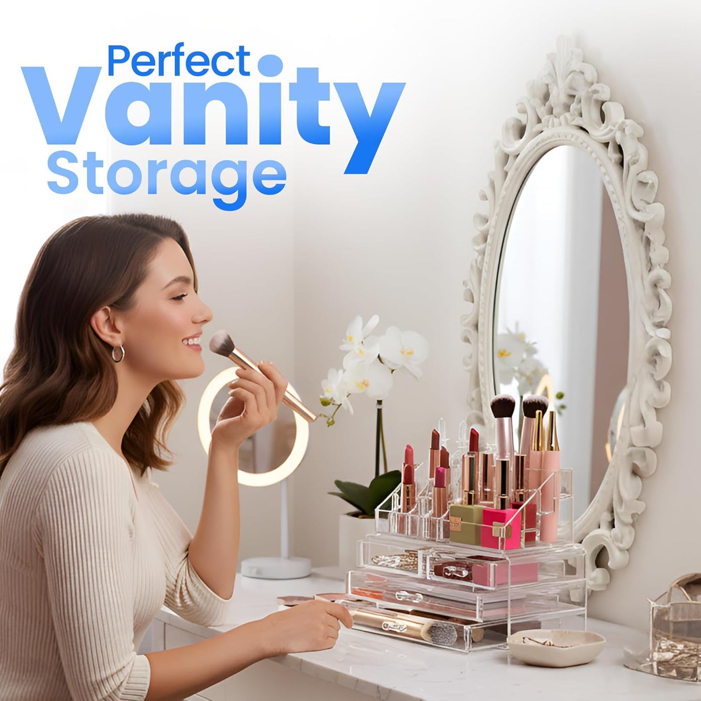 Clear Makeup Organizer - 16-Compartment Cosmetic and Jewelry Holder with 4 Drawers - Vanity Storage Box for Makeup, Skincare, Accessories, and Jewelry Display