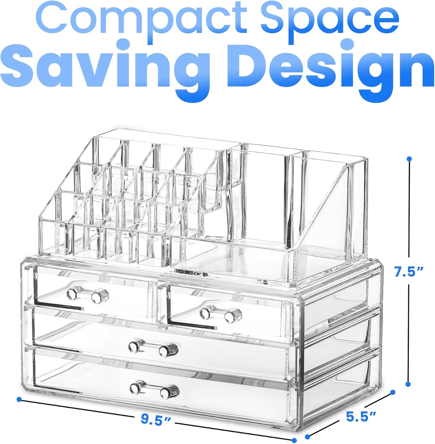 Clear Makeup Organizer - 16-Compartment Cosmetic and Jewelry Holder with 4 Drawers - Vanity Storage Box for Makeup, Skincare, Accessories, and Jewelry Display