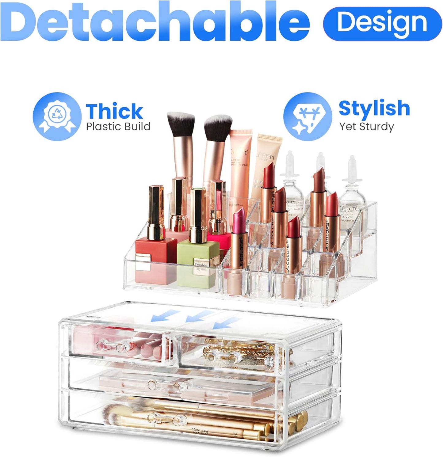 Clear Makeup Organizer - 16-Compartment Cosmetic and Jewelry Holder with 4 Drawers - Vanity Storage Box for Makeup, Skincare, Accessories, and Jewelry Display