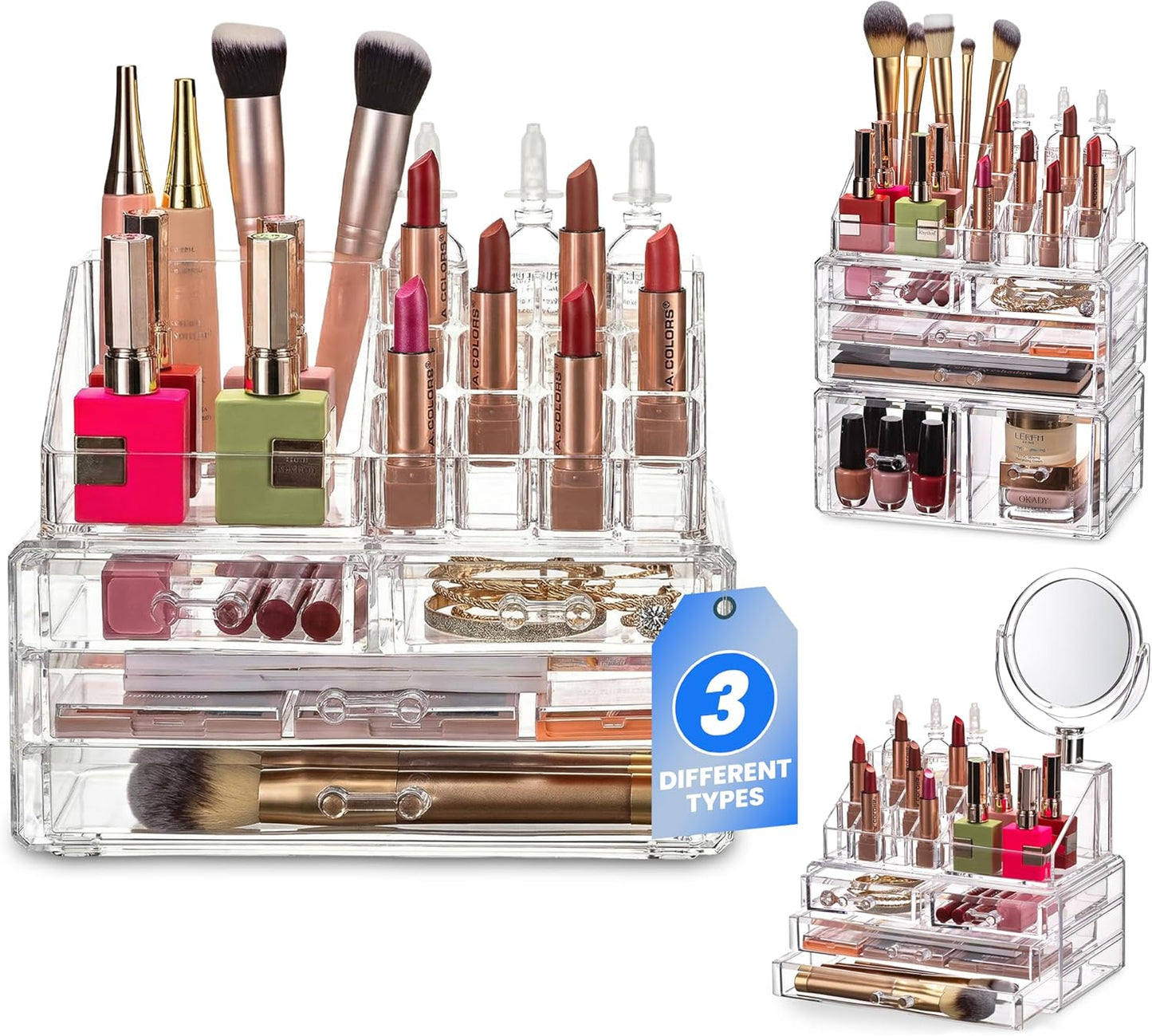 Clear Makeup Organizer - 16-Compartment Cosmetic and Jewelry Holder with 4 Drawers - Vanity Storage Box for Makeup, Skincare, Accessories, and Jewelry Display